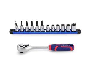 WORKPRO Ensemble de Clés à Cliquet 3/8" à Dégagement Rapide, 72 Dents, Douilles Cr-V et Barre Magnétique pour Douilles - 14 Pièces, Outil pour Réparation Automobile et Bricolage
