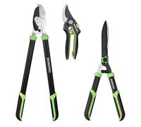 WORKPRO Ensemble De Sécateurs De Jardin 3 Pièces, Sécateur Bypass, Taille-Haie 51 cm & Ébrancheur 61 cm, Kit Professionnel D’Entretien Pour Arbustes, Buissons Et Branches, Lames Antiadhésives