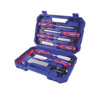 WORKPRO Jeu de 10 Ciseaux à Bois 6/13/19/25/32/38 mm avec Guide d’Affûtage, Pierre à Aiguiser et 2 Crayons, Coffret Ciseaux à Bois avec Manche Ergonomique pour Menuiserie, Sculpture, Travail du Bois