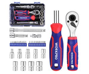 WORKPRO Jeu de 34 pièces 1/4", Jeu de douilles avec liquet, Jeu de clés et barre d'extension pour bricolage, réparation de voiture et entretien quotidien avec boîte à outils