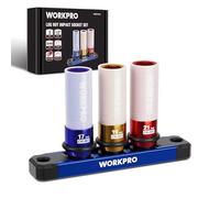 WORKPRO Jeu de Douilles 1/2", Acier CR-MO, avec Guide en Aluminium et Anneaux en Caoutchouc, pour Réparations Auto et Changement de Pneus, 17 mm/Bleu, 19 mm/Jaune, 21 mm/Rouge