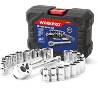 WORKPRO Jeu de douilles 24 pièces avec liquet 3/8", 11 douilles métriques et 10 douilles SAE, barre d'extension, jeu de clés à cliquet pour bougies d'allumage, clés mixtes, avec boîte en plasti