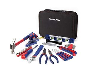 WORKPRO Kit d'Outils avec Sac de Rangement pour Usage Domestique ou du Travail 100 Pièces EN Acier au carbone et Cr-V, Bleu Rouge Noir