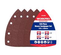 WORKPRO Lot de 100 Pièces Feuilles Abrasives Triangulaires pour Ponceuse, Grains 40-80-120-180, Papier Abrasif 90x90mm avec 11 Trous pour Poncer, Polissage, Dérouillage, Triangles de Ponçage