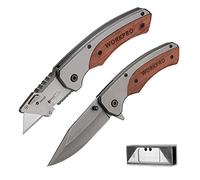 WORKPRO Lot de 2 Cutter Professionnel et Couteau Pliant avec Manche en Bois, Mécanisme de Changement Rapide de Lame, et 10 Lames Supplémentaires en SK5