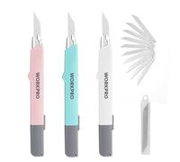 WORKPRO Lot de 3 Cutters Professionnels, Couteau Utilitaire Rétractable 9mm, Positions de Verrouillage, Cuter Rétractable, 10 Lames de Rechange Comprises, Idéal pour Papier, Carton, Trois Couleurs