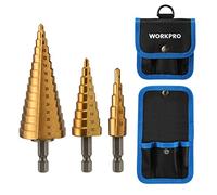 WORKPRO Lot de 3 forets étagés à tige hexagonale de 6,35 mm à changement rapide en acier haute vitesse avec revêtement en titane pour plastique, bois, tôle, aluminium, sac bien organisé inclus