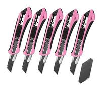WORKPRO Lot de 5 Cutters Professionnels, Couteau Utilitaire Rétractable 18mm, Chariot en Acier Inox, Couteau de Graphique, 20 Lames Sécable en SK5 de Rechanges Compris, Rose Noir