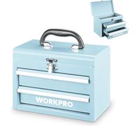 WORKPRO Malle de rangement en métal mini portable à double tiroir (glisse à rouleaux à billes, modèle amélioré avec serrure et poignée) - Bleu macaron