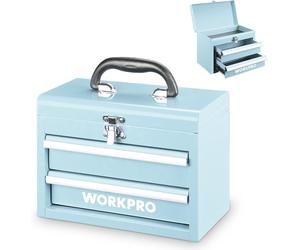 WORKPRO Malle de rangement en métal mini portable à double tiroir (glisse à rouleaux à billes, modèle amélioré avec serrure et poignée) - Bleu macaron