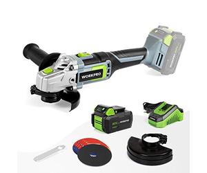 WORKPRO Meuleuse d'angle Electrique sans Fil 20V avec Batterie 4,0Ah, Ø125mm, Léger avec 5 Disques à Tronçonner, 2 Capots de Protection, Chargeur Rapide et Poignée Auxiliaire