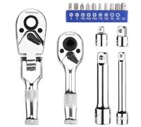 WORKPRO Mini Clé à Cliquet et Jeu d'Embouts de Tournevis, 1/4" Clé à Cliquet à Double Tête, 3/8" Cliquet Court à Tête Flexible, Rallonge 75Mm, Adaptateurs de Douille (16 Pièce)