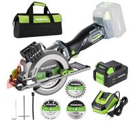 WORKPRO Mini Scie Circulaire Sans Fil 20V, Petite Scie Circulaire avec Rail de Guidage, Batterie 4,0Ah et Charge Rapide, Laser, 3 Lames, Profondeur 42,8mm (90°) / 28mm (45°)