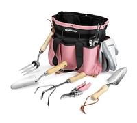 WORKPRO Outils de Jardinage Rose 8 Pièces, Ensemble de Jardinage en Acier Inoxydable Lourd avec Poignée de Bois, Sécateur, Gants, Sarcloir, Griffe, Fourche, Pelle à Terreau, Transplantoire