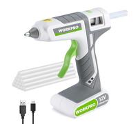 WORKPRO Pistolet à Colle Chaude Sans Fil 12 V avec 15 Bâtons de Colle 200x11mm, Batterie Lithium-ion 2000mAh, Chargement par USB Type C, Indicateur LED, Support de Base, pour Bricolage, Blanc Gris