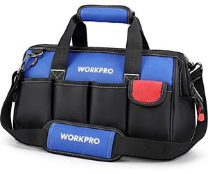 WORKPRO Sac à Outils d'Électricien, Sac à Outils Professionnel Imperméable, Ouverture Large et Grande Capacité 35 cm en Polyester 600D, Bandoulière Réglable, Multifonctionnel pour Amateurs de Bricolag