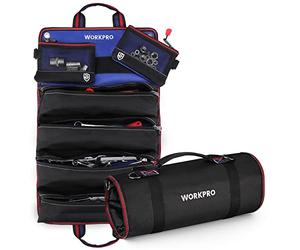 WORKPRO Sac à Outils Enroulable en Toile, Rouleau à Outils 57 * 36CM avec 2 Poches Détachables & 4 Poches Zippées, Pour Siège Arrière et Porte-outils à Suspendre, Electricien/Menuisier