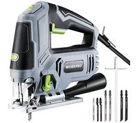 WORKPRO Scie Sauteuse Electrique Filaire 850W avec 6 Vitesses Variables, Changement de Lame sans Outil, Coupe en Biseau à±45°, Lampe LED et 7 Lames en T, 3000 SPM, 4 Réglages Orbitaux, Règle Graduée