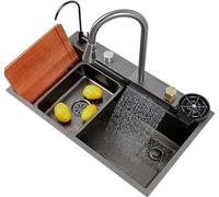 Workstation Kitchen Sink with Flying Rain Waterfall Faucet Single Basin Dishwasher Sink Pull-out Tap Chopping Board & Cup Washer 80 x 45 cm Black - Ideal for Modern Homes
