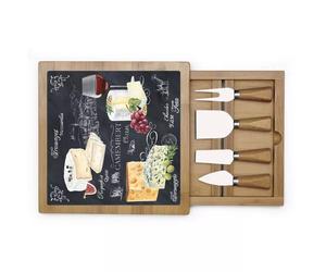 WORLD OF CHEESE Plateau fromage 25.5 X 25.5 cm en verre et bambou avec tiroir + 4 couverts de service