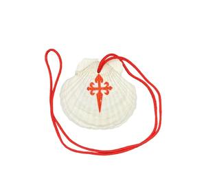 World of Pilgrims Chemin de Saint-Jacques Petite coquille Saint-Jacques - Signe traditionnel de pèlerinage avec croix de Saint-Jacques rouges - Produit naturel avec cordon de sac à dos - Environ 7 cm
