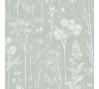 World of Wallpaper Papier peint botanique délicat à thème floral avec papillons, libellules et fleurs en vert sauge doux pour salon, chambre à coucher, salon AF0039