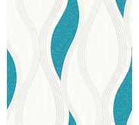 World of Wallpaper Texturé en relief, turquoise/blanc/argent (E62001) | Revêtement mural facile à appliquer, métallique, paillettes, mur d'accès, chambre à coucher, couloir