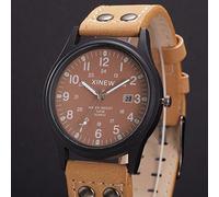 World Time Montre à quartz pour homme avec bracelet en cuir et bracelet rectangulaire, marron, One Size