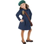 World War II Evacuee Girl Costume, Blue, with Dress, Hat & Bag, (L)