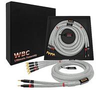 WORLDS BEST CABLES ULTIMATE - 9 AWG - Ultra pur OFC - Paire de câbles de haut-parleur Hi-Fi audio de qualité supérieure avec fiches banane dorées Eminence (x2) et pelle (x4) et gaine en tweed argenté