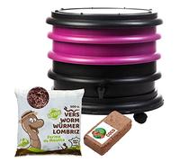 WORMbox | Lombricomposteur 2 Plateaux Framboise + 250gr de vers de Compost + 1 Bloc Coco | 32 litres | Compostez Vos déchets organiques, Les vers de Terre/lombrics produisent du lombricompost