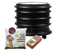 WORMbox | Lombricomposteur 2 Plateaux Noir + 250gr de vers de Compost + 1 Bloc Coco | 32 litres | Compostez Vos déchets organiques, Les vers de Terre/lombrics produisent du lombricompost