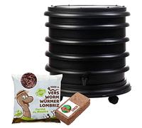 WORMbox | Lombricomposteur 3 Plateaux Noir + 500gr de vers de Compost + 1 Bloc Coco | 48 litres | Compostez Vos déchets organiques, Les vers de Terre/lombrics produisent du lombricompost