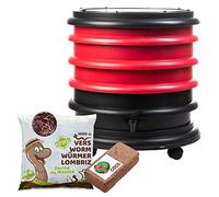 WORMbox | Lombricomposteur 3 Plateaux Rouge + 500gr de vers de Compost + 1 Bloc Coco | 48 litres | Compostez Vos déchets organiques, Les vers de Terre/lombrics produisent du lombricompost