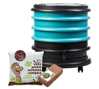 WormBox | Lombricomposteur 3 Plateaux Turquoise + 250gr de vers de Compost + 1 Bloc Coco | 48 litres | Compostez Vos déchets organiques, Les vers de Terre/lombrics produisent du lombricompost