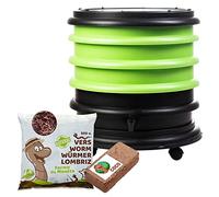 WORMbox | Lombricomposteur 3 Plateaux Vert Anis + 250gr de vers de Compost + 1 Bloc Coco | 48 litres | Compostez Vos déchets organiques, Les vers de Terre/lombrics produisent du lombricompost