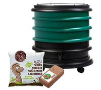 WORMbox | Lombricomposteur 3 Plateaux Vert Foncé + 250gr de vers de Compost + 1 Bloc Coco | 48 litres | Compostez Vos déchets organiques, Les vers de Terre/lombrics produisent du lombricompost