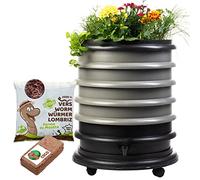 WORMbox | Lombricomposteur 4 Plateaux Gris + Jardinière + 1kg de vers de Compost + 1 Bloc Coco | 64 litres | Compostez Vos déchets organiques, lombrics/lombricompost