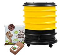WORMbox | Lombricomposteur 4 Plateaux Jaune + 1kg de vers de Compost + 1 Bloc Coco | 64 litres | Compostez Vos déchets organiques, Les vers de Terre/lombrics produisent du lombricompost