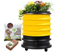 WORMbox | Lombricomposteur 4 Plateaux Jaune + Jardinière + 1kg de vers de Compost + 1 Bloc Coco | 64 litres | Compostez Vos déchets organiques, lombrics/lombricompost