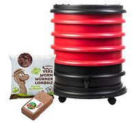 WORMbox | Lombricomposteur 4 Plateaux Rouge +1kg de vers de Compost + 1 Bloc Coco | 64 litres | Compostez Vos déchets organiques, Les vers de Terre/lombrics produisent du lombricompost