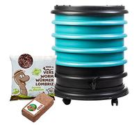 WORMbox | Lombricomposteur 4 Plateaux Turquoise + 500gr de vers de Compost + 1 Bloc Coco | 64 litres | Compostez Vos déchets organiques, Les vers de Terre/lombrics produisent du lombricompost