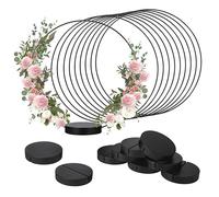 Worown Lot de 10 anneaux centraux en métal avec support en bois, anneaux en métal noir de 30 cm, avec 10 bases rondes en bois noir pour la fabrication de décorations de couronne de table pour mariages