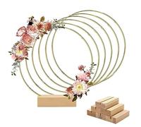 Worown Lot de 6 Cerceau Floral en Métal Doré 25 cm avec Support en Bois, Cerceau Floral pour Mariage, Cérémonie, Anniversaire, Fête
