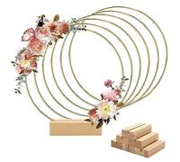 Worown Lot de 6 cerceaux floraux en métal de 30 cm avec support en bois pour table, anneaux de couronne en or pour faire des décorations de couronne de table de mariage