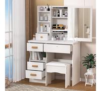 Worparsen Petite coiffeuse avec miroir coulissant, table de maquillage avec 6 tiroirs, étagères ouvertes, espace de rangement caché (blanc)