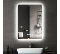 Worshow Miroir de Salle de Bain avec Éclairage 50 x 70 cm, Miroir LED Rectangulaire avec Anti-Buée, Dimmable, 3 Températures de Couleur, Fonction Mémoire, Réglage de L'heure, Capteur Tactile