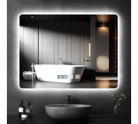 Worshow Miroir de Salle de Bain avec Éclairage 80 x 60 cm, Miroir LED Rectangulaire avec Anti-Buée, Dimmable, 3 Températures de Couleur, Réglage de L'heure, Fonction Mémoire, Capteur Tactile