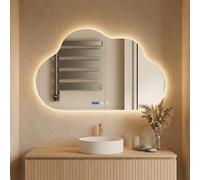 Worshow Wolkenform Miroir de Salle de Bain LED avec 3 températures de Couleur, Anti-buée, Affichage de l'heure et de la température, Montage Mural, étanche IP44, 80 x 50 cm