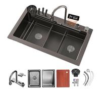 Wortat Évier de cuisine à double cuve en acier inoxydable avec pulvérisateur à cascade, planche à découper et panier égouttoir Design moderne noir gris